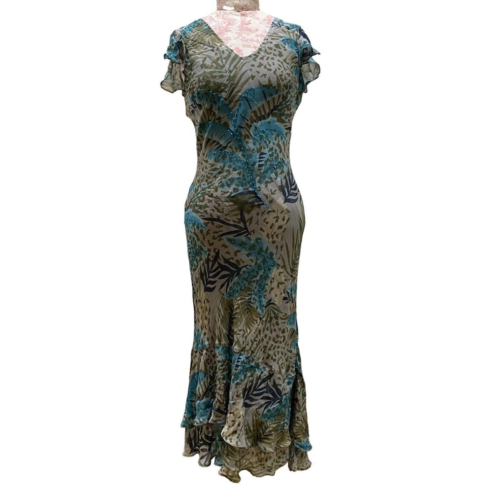 Vintage 90s Y2K Fairy Embellished Maxi Dress Sz M Tropical Asymmetric Ruffle